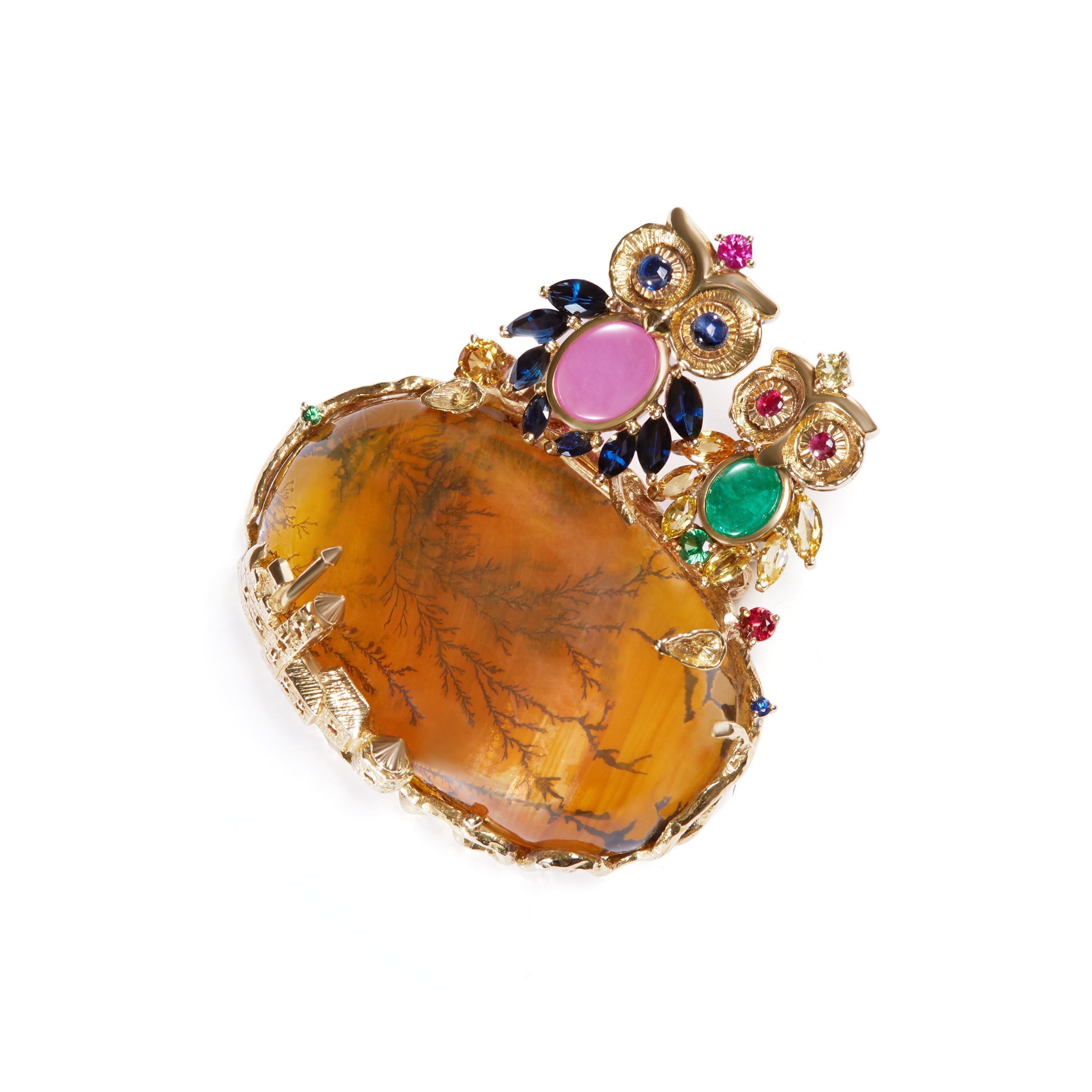 Gemstone Brooch decorated with Owl-shaped