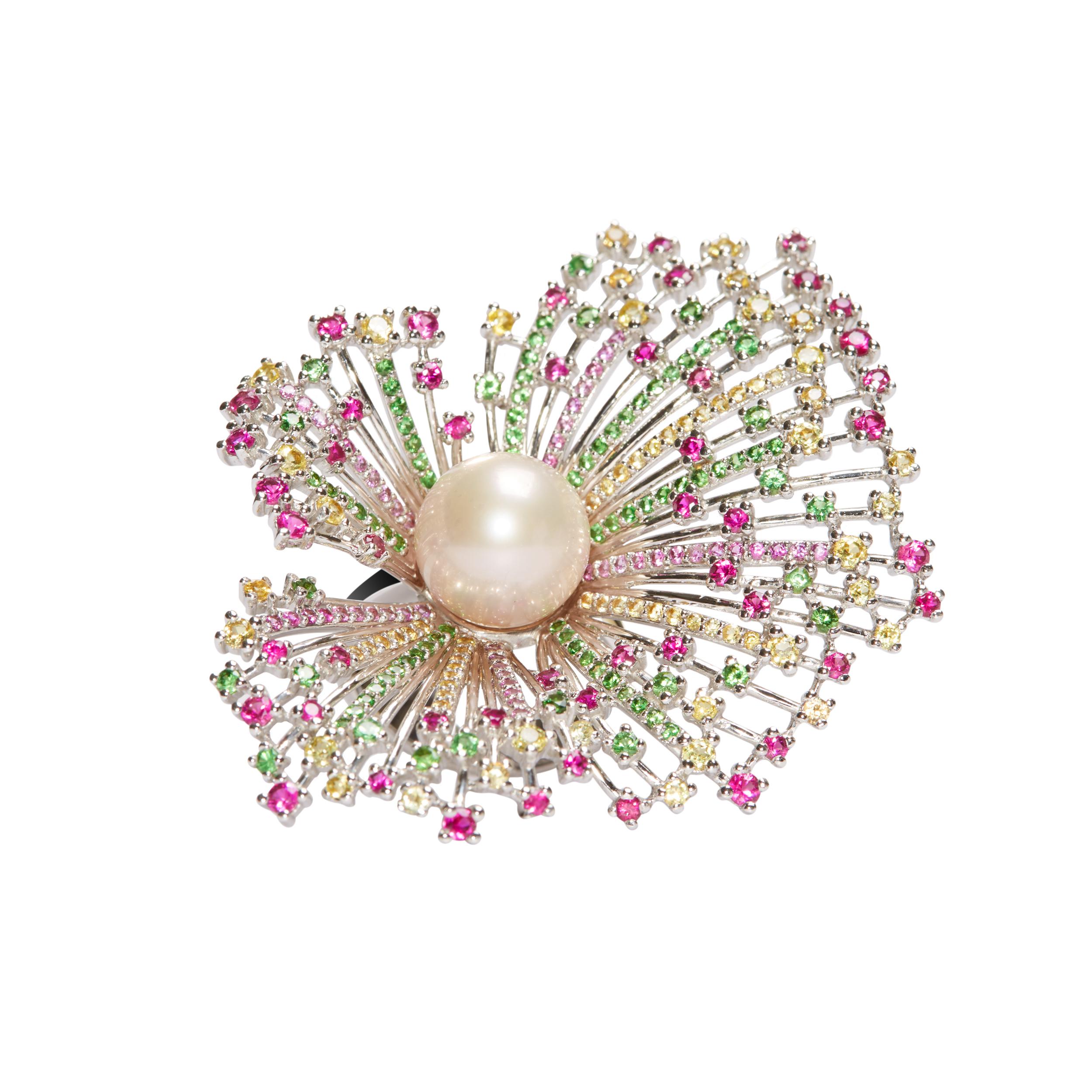 Pearl Ring decorated with gemstone Floral branch